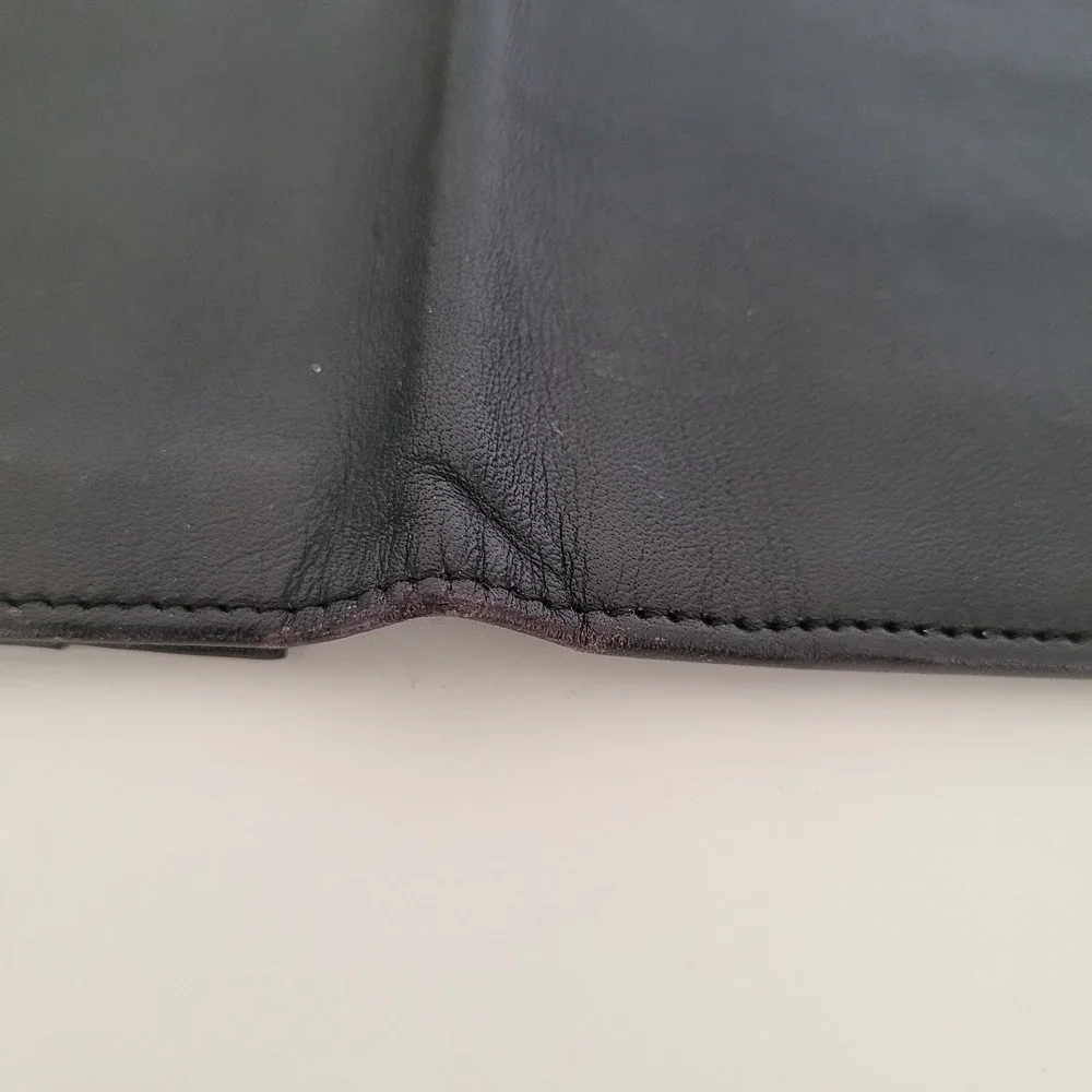 Dunhill Mens Black Leather Long Bi-Fold Wallet Gold Tone Corners Logo Pocket